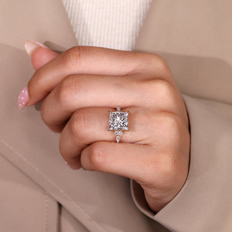 Four claw prong princess cut lab grown diamond ring.
