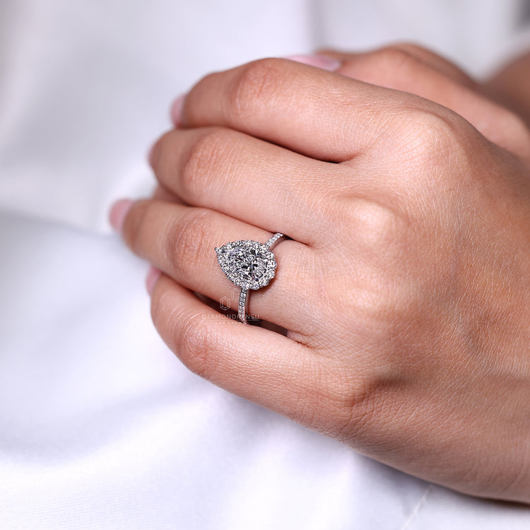 IGI certified pear cut engagement ring with lab grown diamond.