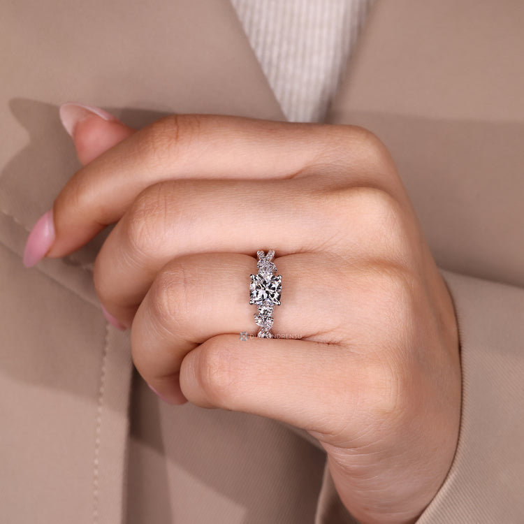 Diamondrensu presents a trellis engagement ring with cushion center stone.