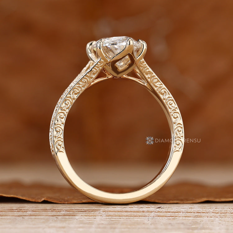 Lab grown diamond with tulip setting and cathedral setting.