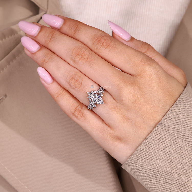 Marquise wedding ring with V shape stackable band.