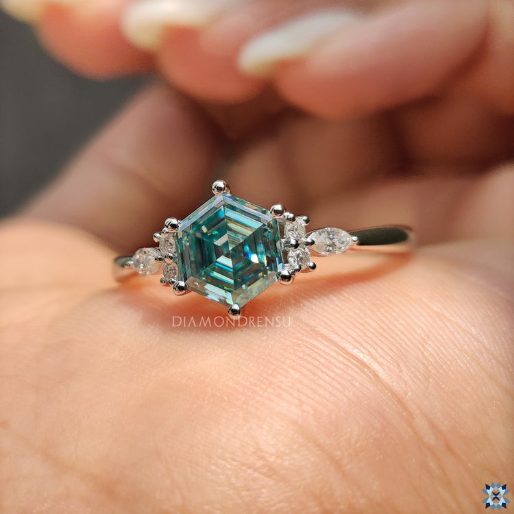 Cyan Blue Hexagon Engagement Ring With Muse Style
