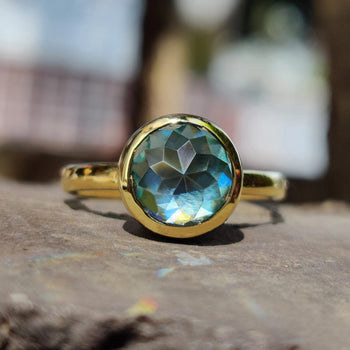 Blue Green Round Rose Cut Solitaire Engagement Ring