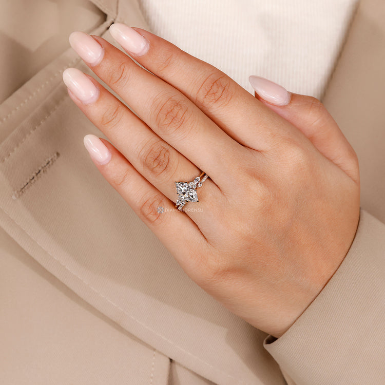 Lab grown diamond completes this handmade marquise ring wedding band.