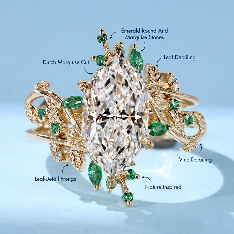 Nature inspired bridal set with a Dutch marquise center stone and botanical vine band by Diamondrensu.