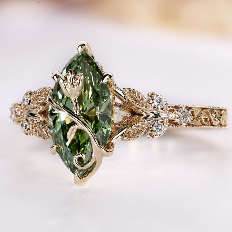 Lab grown diamond marquise ring with a tulip flower motif.