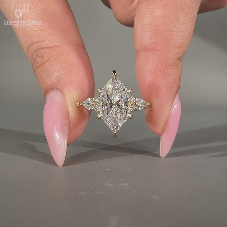 Handmade Lab Grown Diamond Dutch Marquise Ring with tapered shank.
