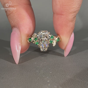 Lab grown coffin diamond ring with nature inspired style.