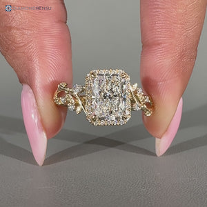 Lab grown radiant diamond ring with round diamond halo style.