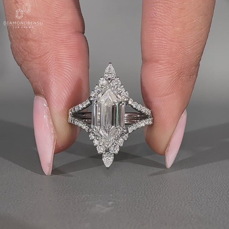 Lab Grown Diamond elongated hexagon engagement ring with 6 claw prong.
