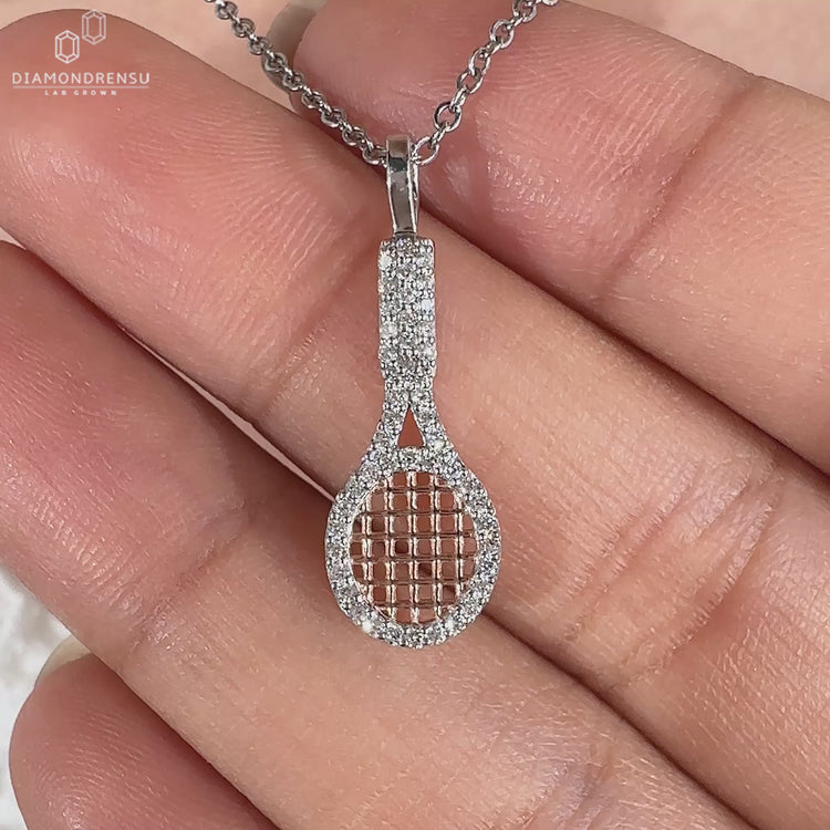 Racket charm pendant with Lab Grown Diamond in white gold.
