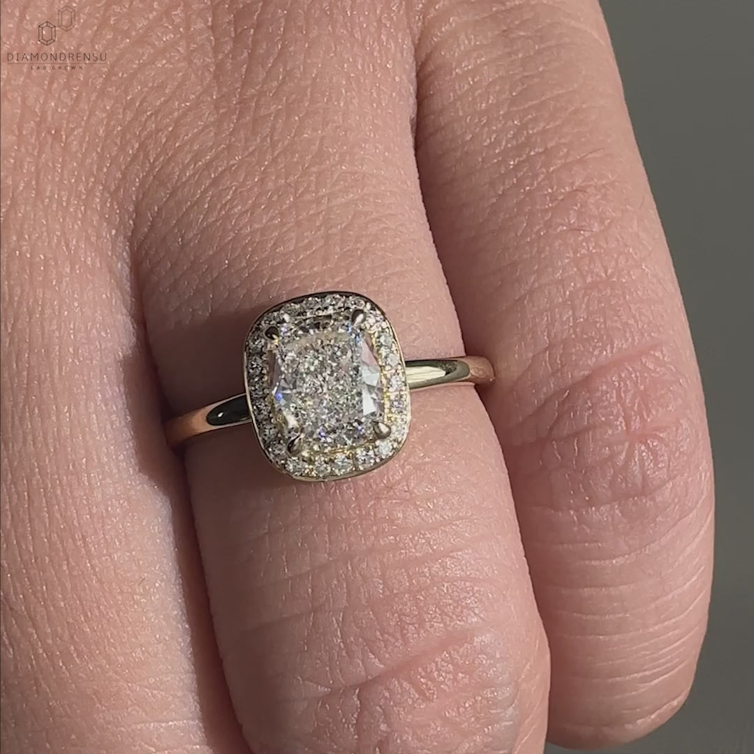 Elongated Cushion Cut Lab Created Diamond Halo Engagement Ring