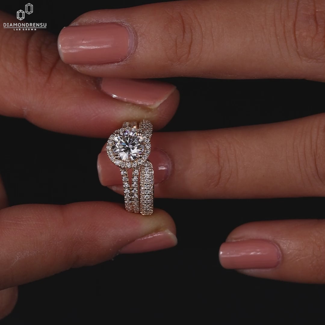 Halo Engagement Ring Bridal Set featuring lab made diamonds.
