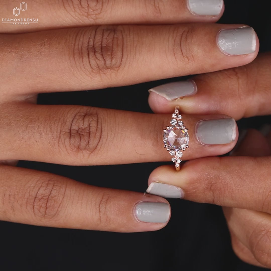 Elegant vintage rose cut diamond ring on a classic velvet box, highlighting its timeless beauty