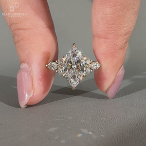 Marquise cut engagement ring with custom design and secure prong setting.