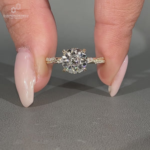 Round old European cut Vintage Diamond Ring with milgrain detail and pave band.