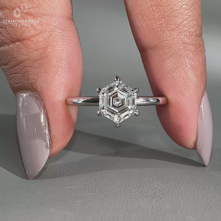 Hexagon Solitaire Engagement Ring White Gold Engagement Ring
