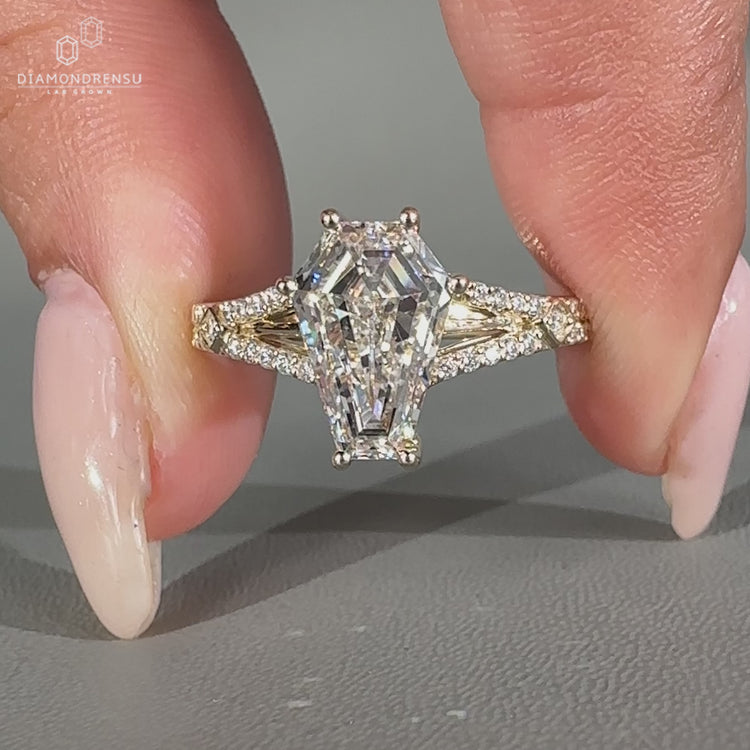 Lab grown coffin diamond ring with vintage style design.
