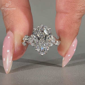 Lab grown coffin diamond ring with cluster style design.