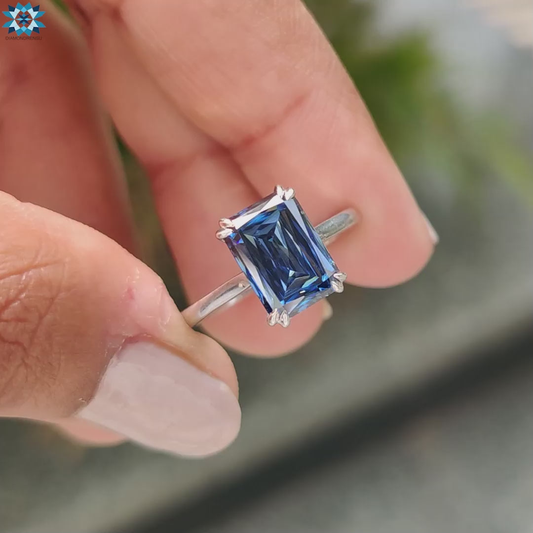 Royal Blue Criss Cut Moissanite Solitaire Engagement Ring