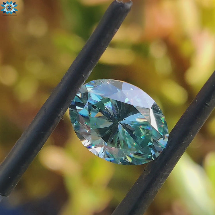 Moissanite loose stone listed as 2.25 carat moissanite and oval cyan blue.
