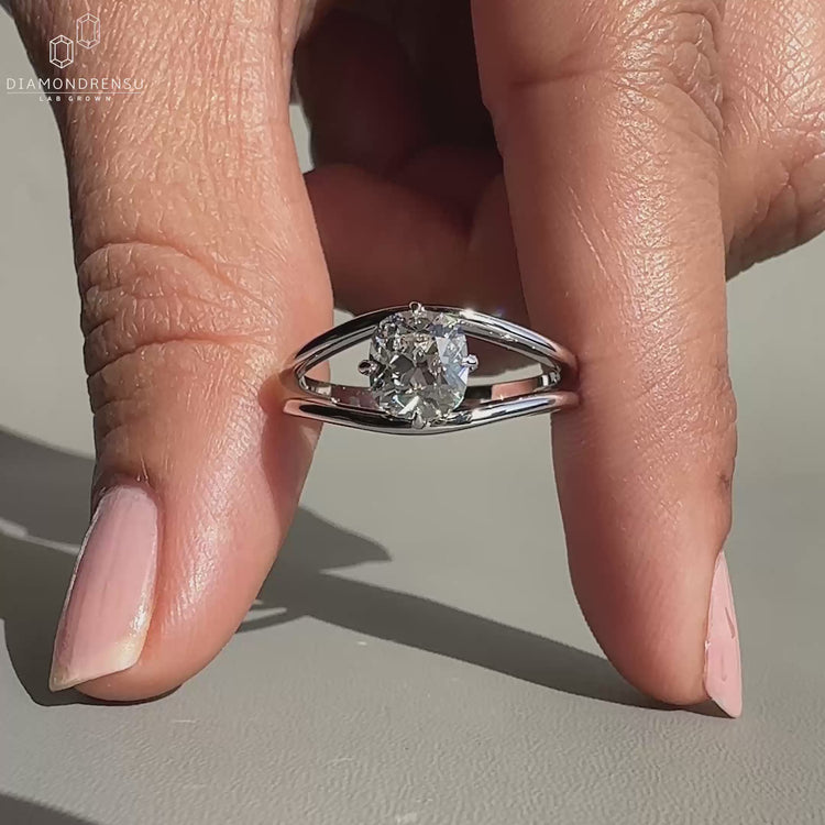 Split Shank Ring with an elegant old European cushion cut diamond.
