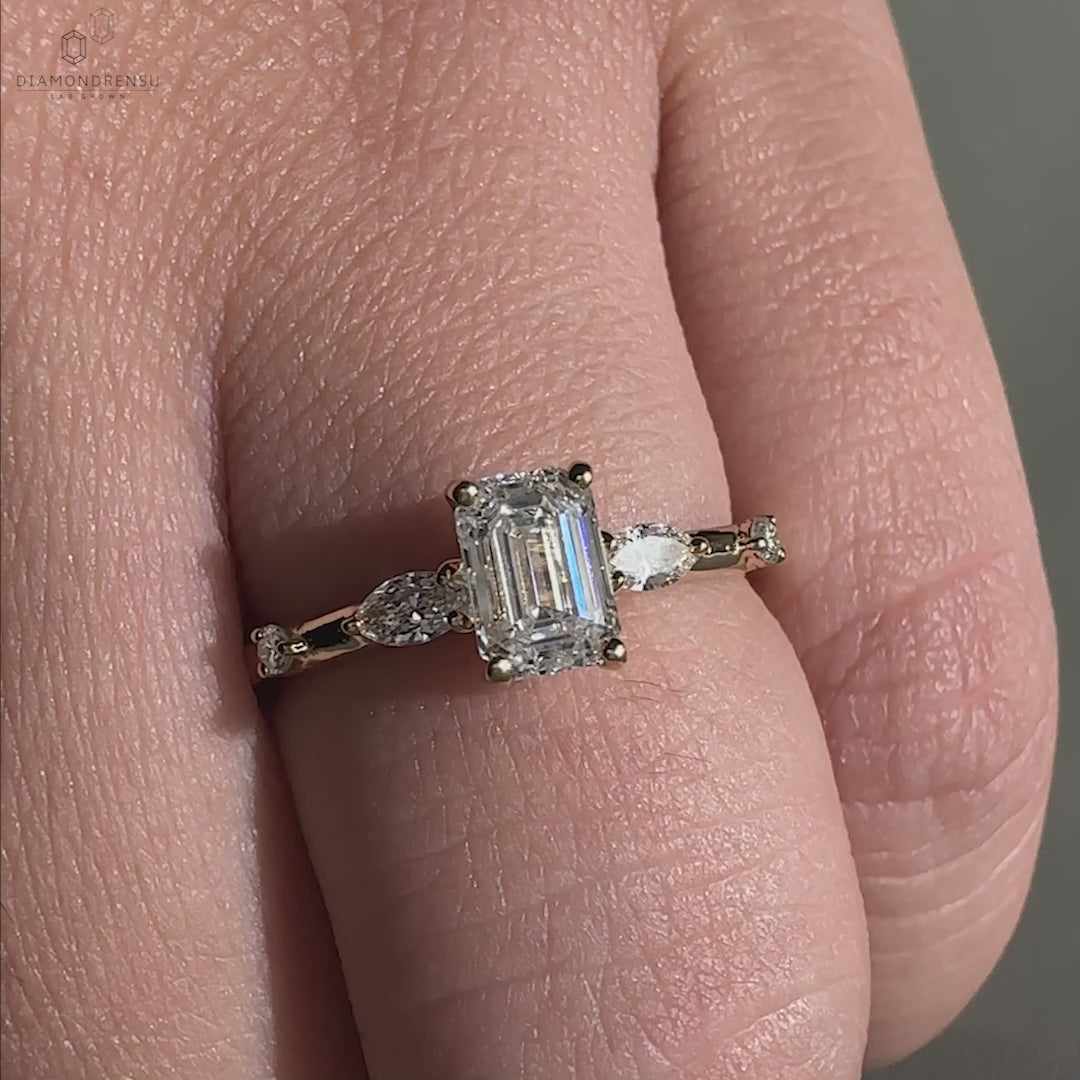 Emerald Cut Five Stone Lab Grown Diamond Engagement Ring
