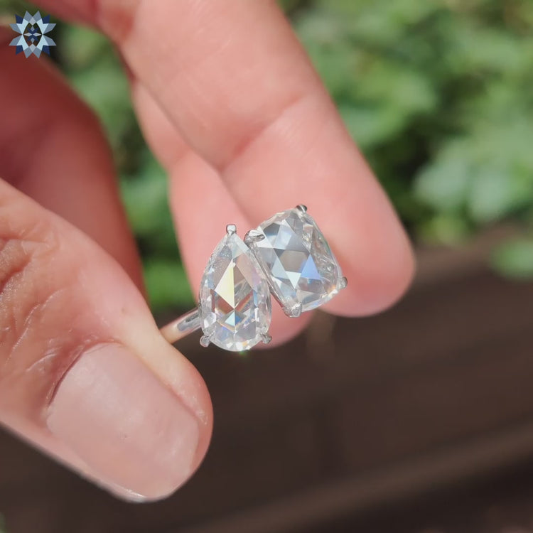Rose cut moissanite ring shines with vintage-inspired beauty.
