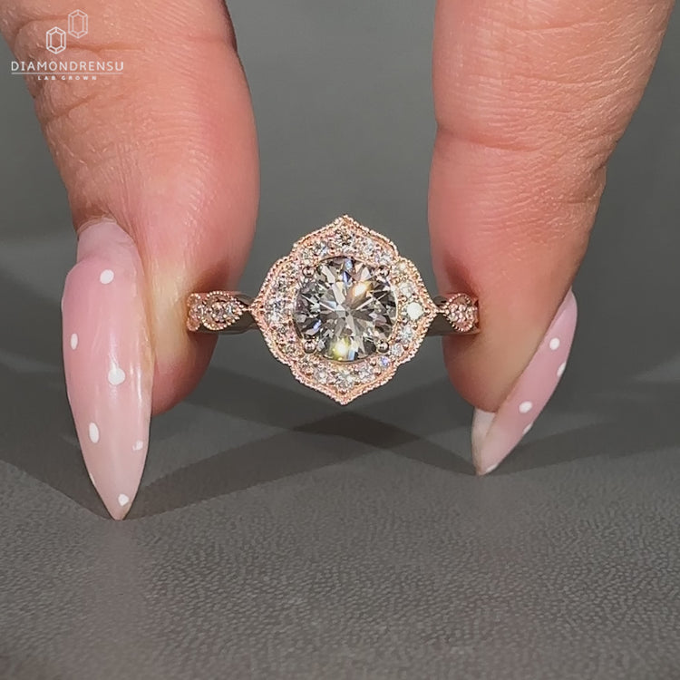 Round Diamond Halo Ring With Pave Band And Cathedral Setting.