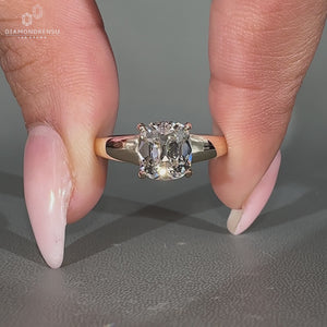 Cushion Old Mine Cut Diamond Ring With Tapered Shank Band.
