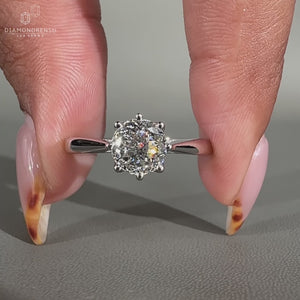 Solitaire ring with eight prong setting holding a lab grown diamond.
