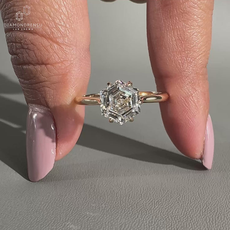 Hexagon Engagement Ring set in a classic solitaire setting.
