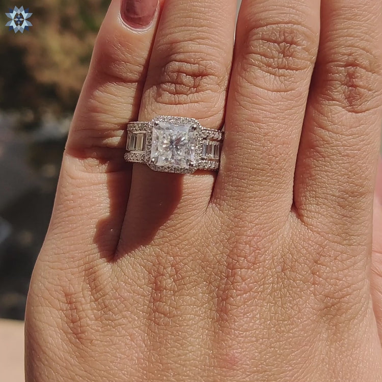 Filigree in the shank of a radiant halo engagement ring
