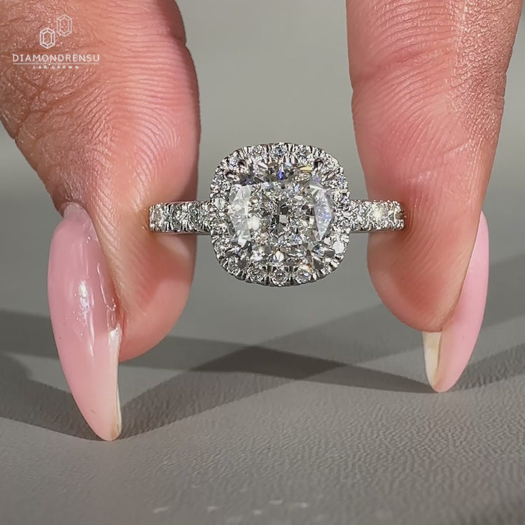 Cushion cut halo diamond ring, lab grown diamond, double claw prong engagement ring