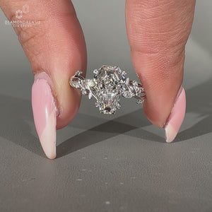 Lab grown coffin diamond ring with marquise and round side stones.
