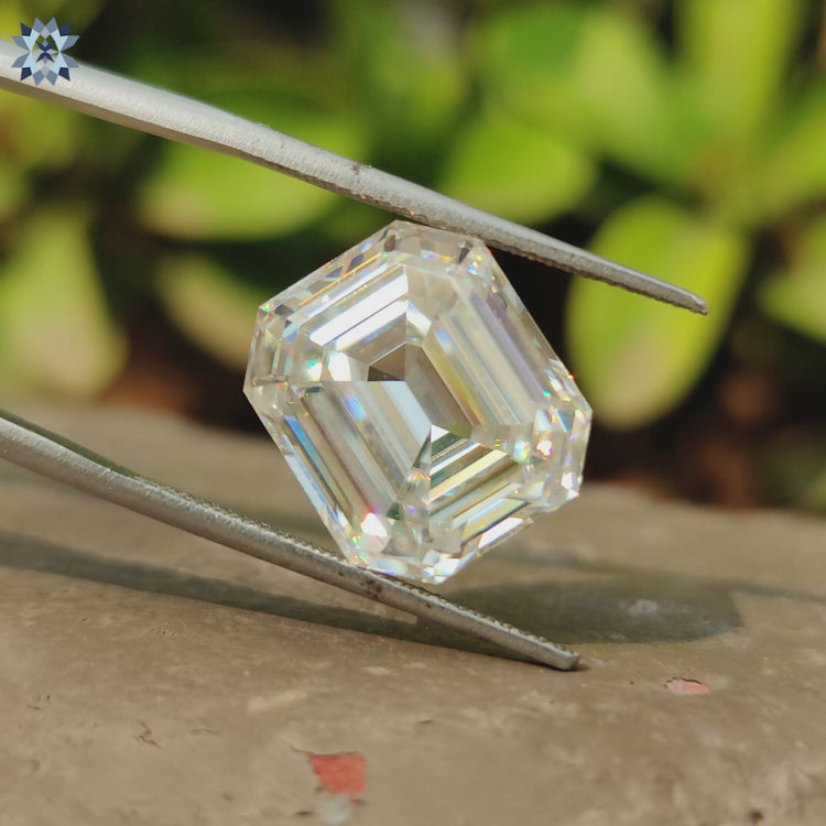 Diamondresnu Moissanite shown in emerald step cut for personal jewelry.
