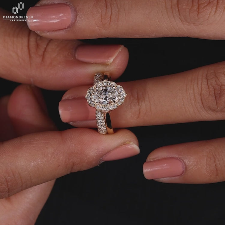 Oval Shape Diamond set in a classic Halo Milgrain Setting.
