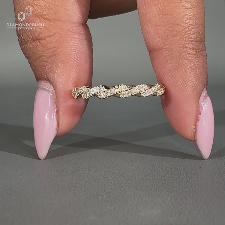 Twisted band round diamond band yellow gold wedding band