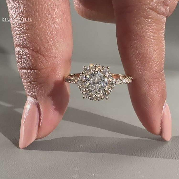 Cushion Cut Ring with a sparkling halo diamond ring setting.