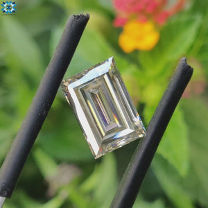 Baguette cut moissante featured as loose moissanite in baguette off white tone.
