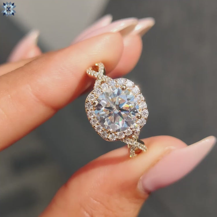 Halo engagement ring featuring a sparkling center stone
