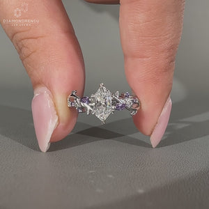 Lab Grown Diamond nature inspired ring with tanzanite round side gemstone.
