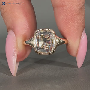 Lab grown cushion rose cut diamond ring with tapered shank design.