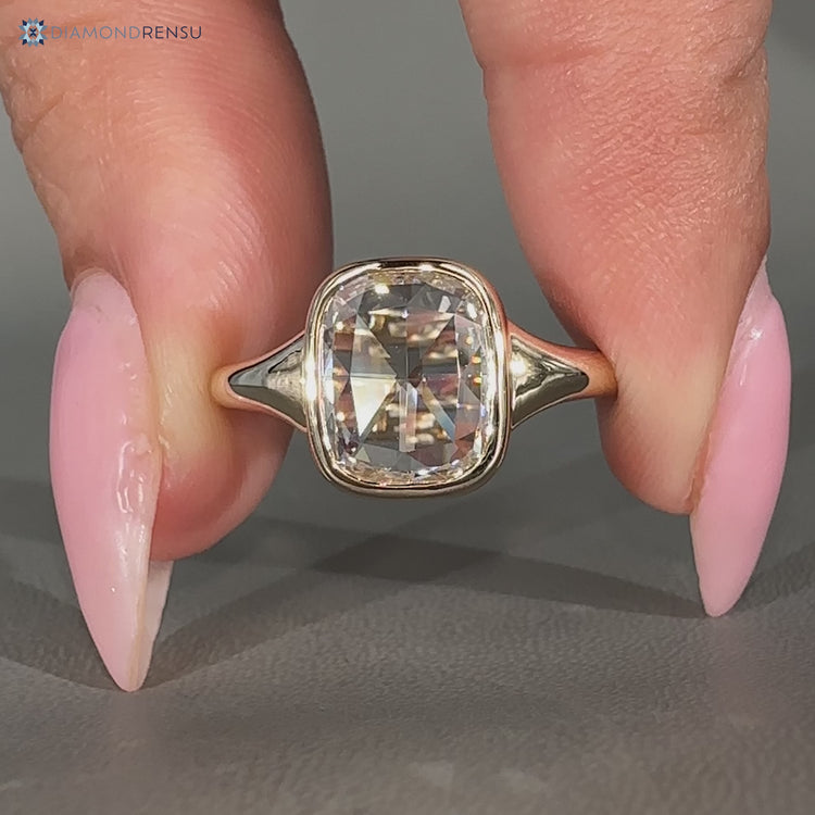 Lab grown cushion rose cut diamond ring with tapered shank design.