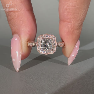 Princess Diamond Ring Framed By Round Cut Halo Setting.