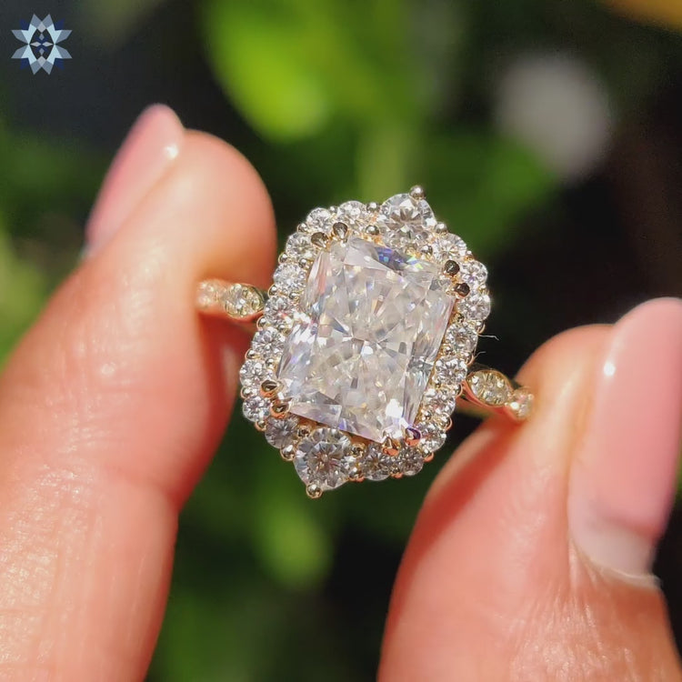 Radiant cut moissanite ring featuring elegant detailing.