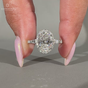 Three stone ring paired with a pave setting ring style.
