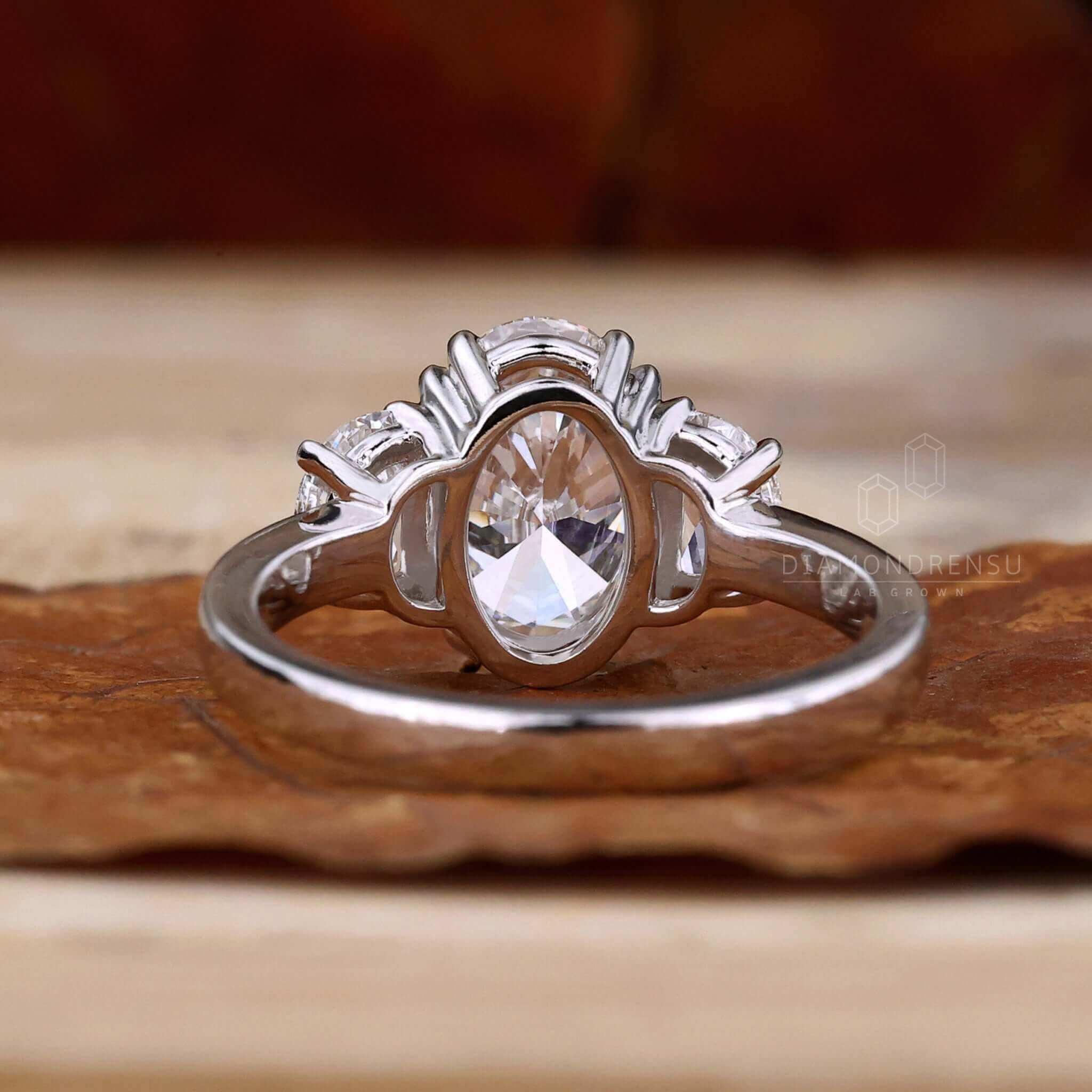 2 CT Oval and Half Moon Lab Grown Diamond Three Stone Engagement Ring