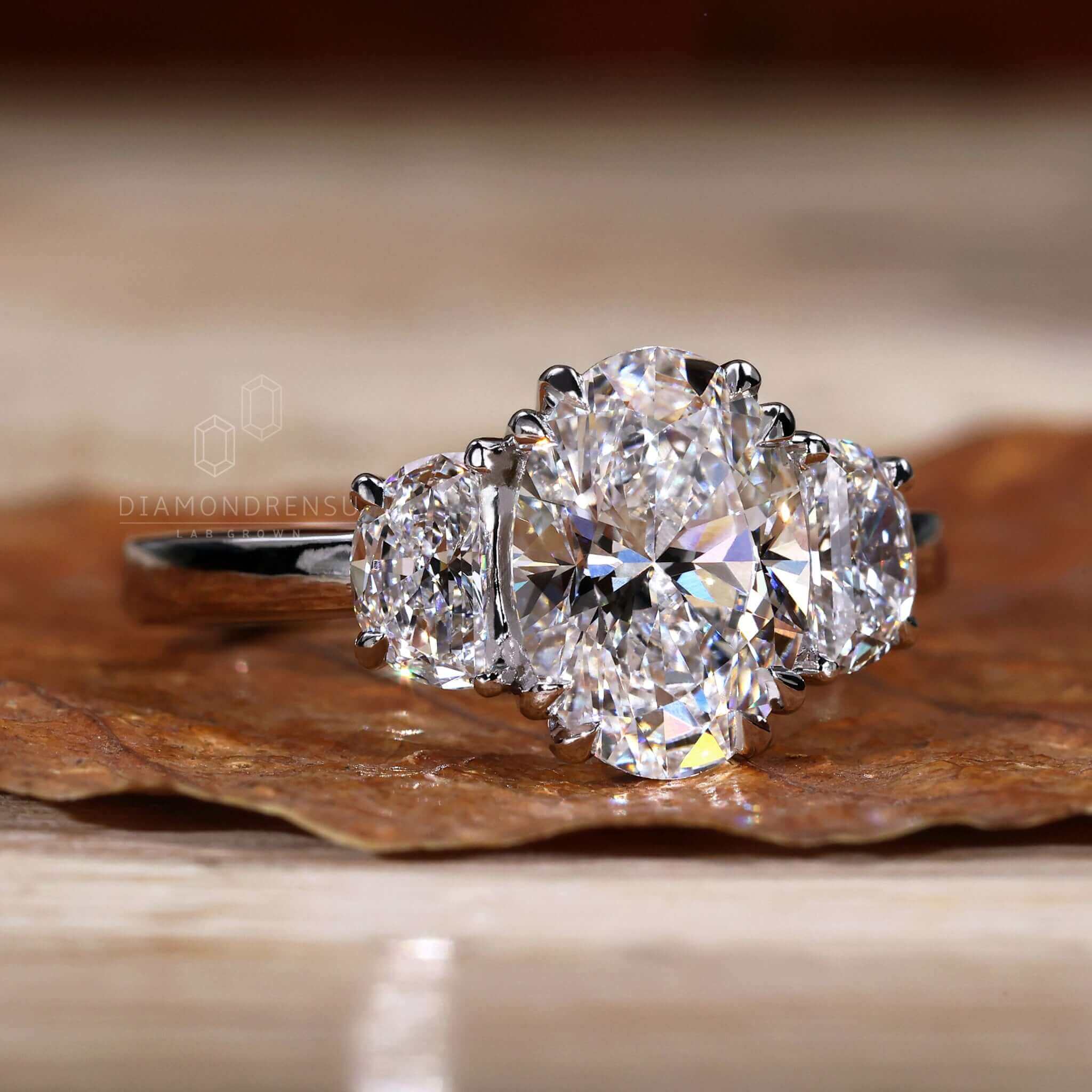 Moissanite Three-Stone Diamond Accented Engagement Ring 14K 5.35 ct SI  (White/G-H/NA/SI1-SI2) – Glitz Design