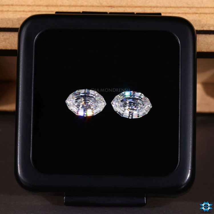 Loose moissanite stones in Moval Step Cut style.